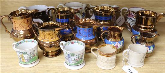 A collection of lustre jugs, creamware, etc